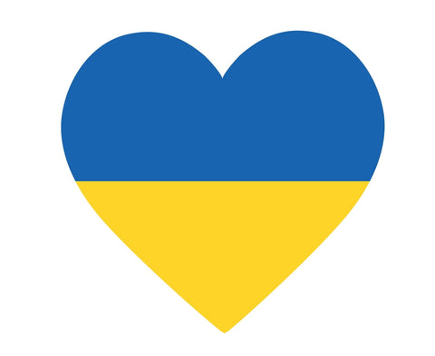 Heart-shaped Ukrainian flag above STOP THE BLEED Bleeding Control Kit and bleed kits.