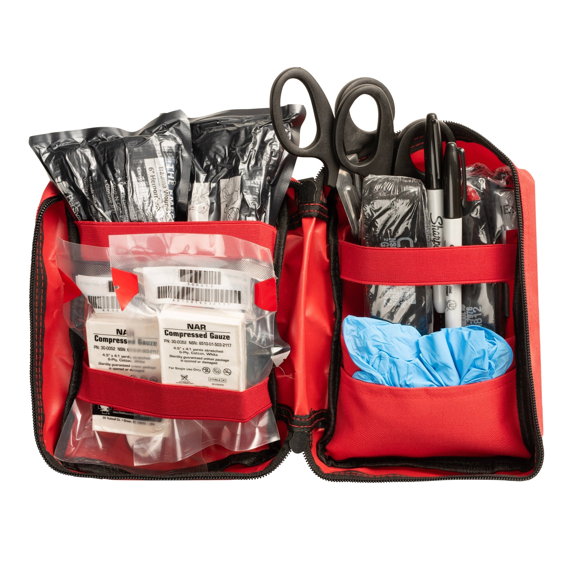 Scherber Public Access Bleeding Control Kit with bright red exterior, labeled for quick identification in emergencies.