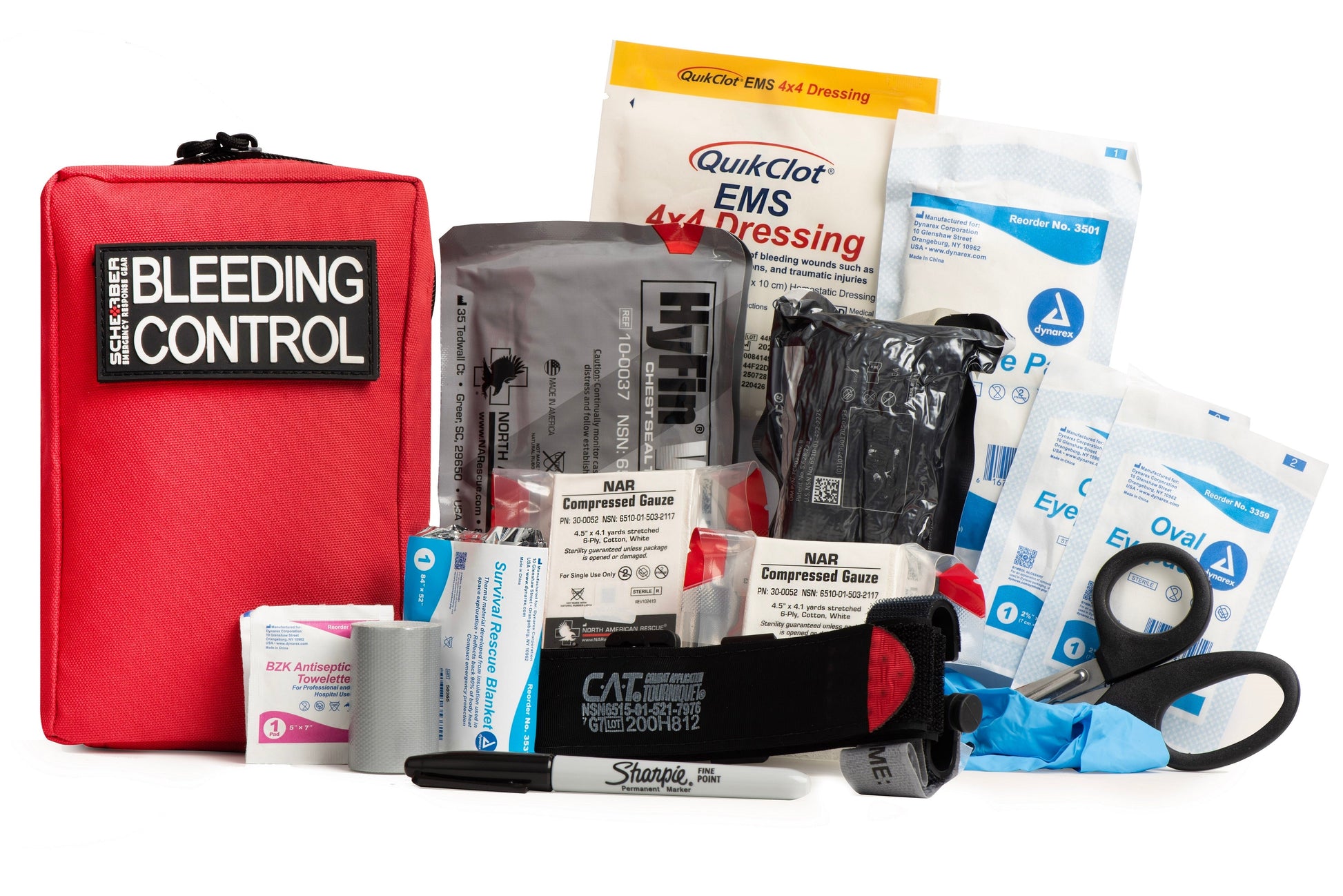 Scherber Public Access Bleeding Control Kit essentials including a CAT Tourniquet, gauzes, and bandages neatly organized in a durable, red clamshell case.