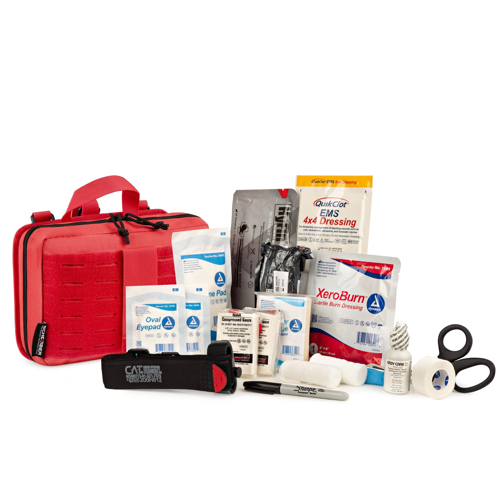 Scherber Vehicle IFAK Emergency Trauma Kit displayed with medical supplies for quick access during emergencies.