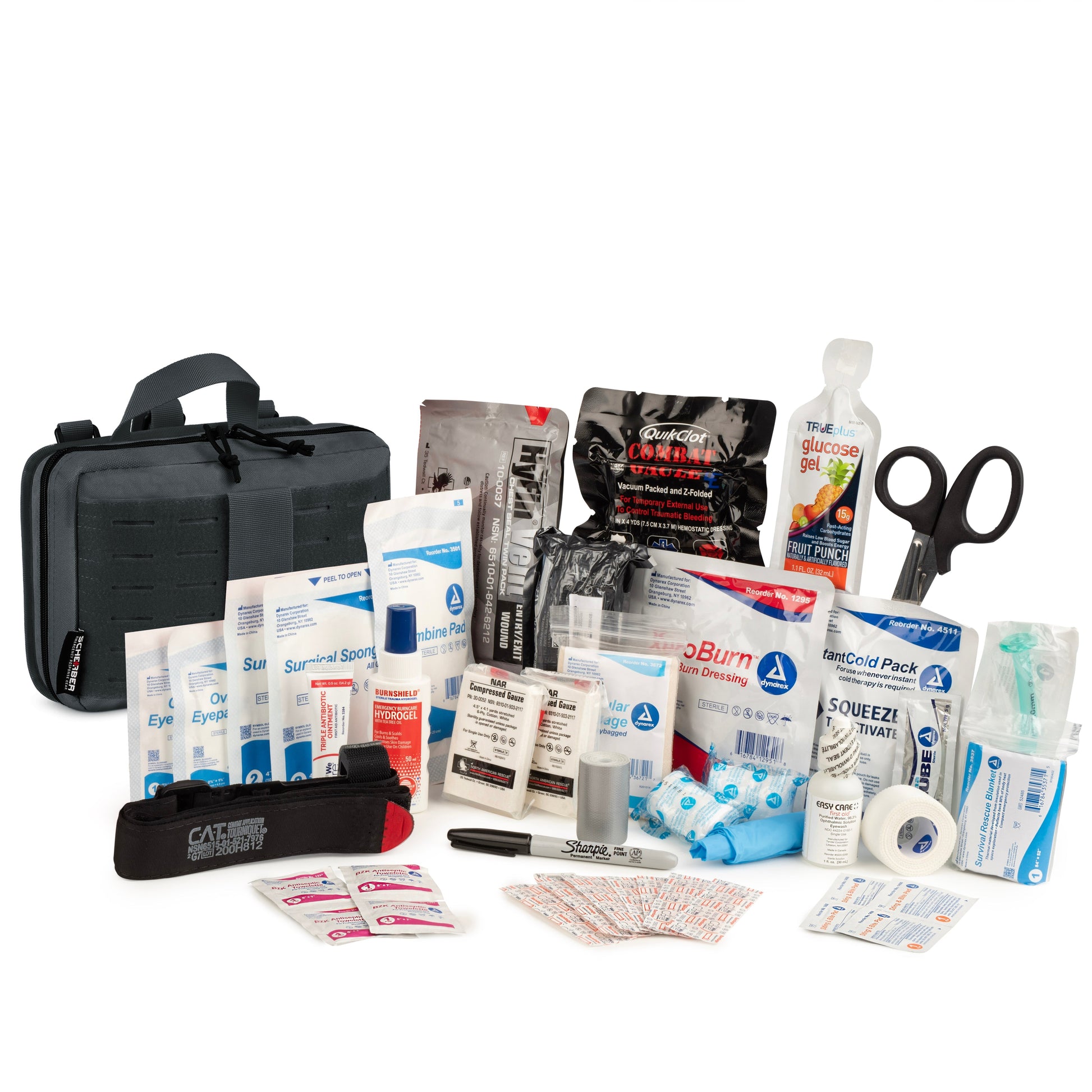 Detailed view of the Scherber Vehicle IFAK Emergency Trauma Kit, showcasing military-grade trauma supplies including a tourniquet, CPR mask, and multiple bandages for effective injury treatment.