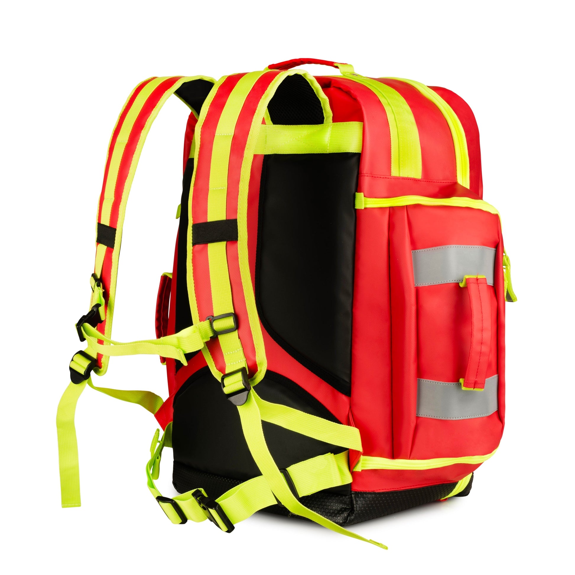 Scherber Ultimate First Responder Trauma O2 Backpack W/Bleeding Control - Fully Stocked, showcasing the durable design with a bright reflective webbing for night visibility.