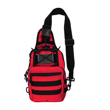 Sling Backpack, Bleeding Control Sling Bag in red, showcasing three zippered compartments and MOLLE compatibility for first aid kits.