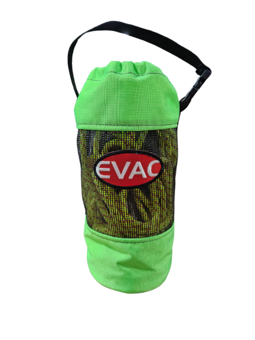 Green drawstring bag with a visible brand logo on a white background