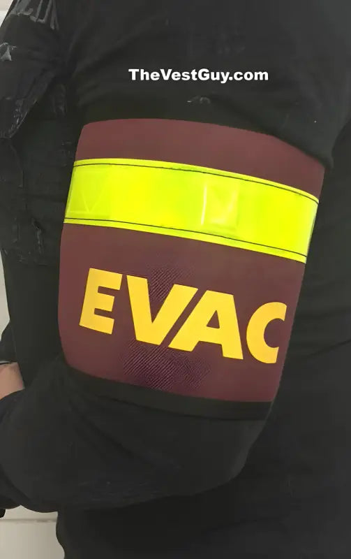 Burgundy and neon yellow reflective active shooter armband with EVAC text