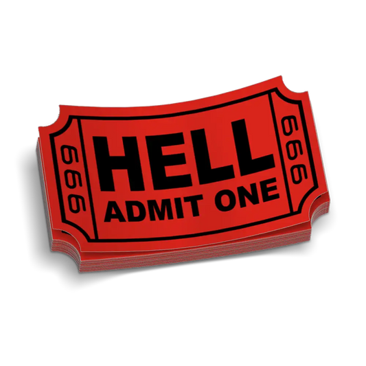 Red admission ticket to Hell with 666 on Admit One Helmet Decal for blue collar workers