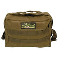 Tan tactical duffle bag with MOLLE webbing in Adventure Kit, featuring camouflage patch