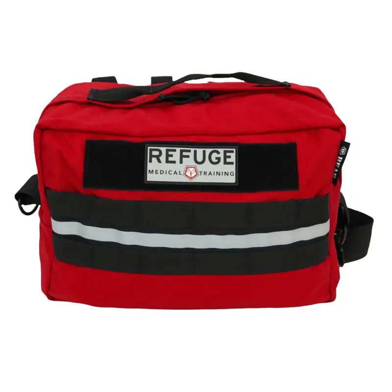 Red medical training bag with black stripes and Refuge logo for Adventure Kit 3.0