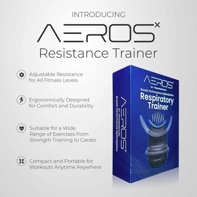 AEROSx Lung Trainer device with packaging and feature list for respiratory strength training