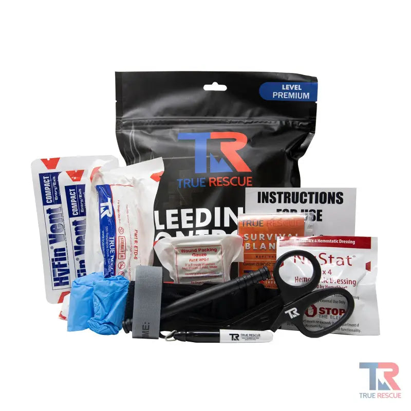 Bleeding Control Kit by True Rescue with medical supplies and instruction manual