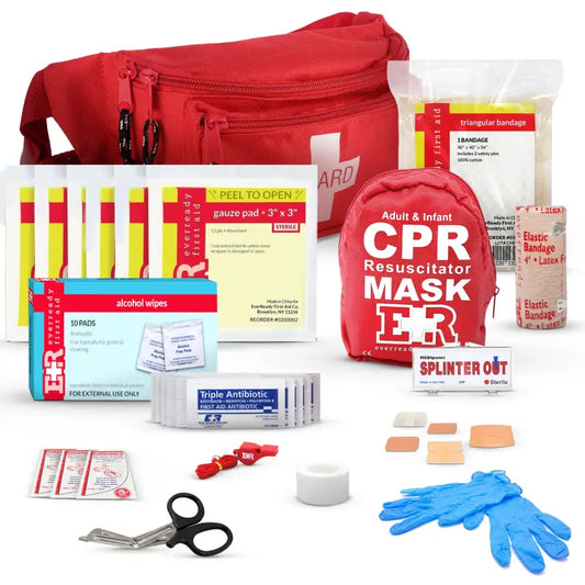 First aid kit contents featuring Fanny Pack with Infant CPR Masks and adult CPR masks