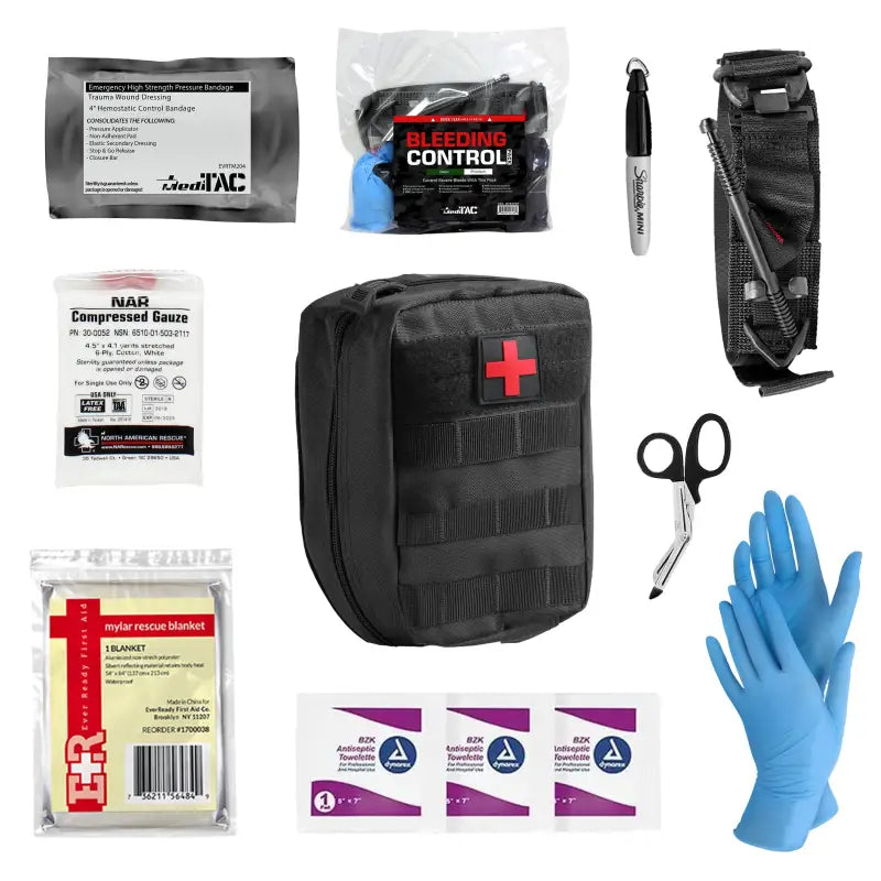 First aid kit contents for bleeding control, ideal for first responders and firefighters