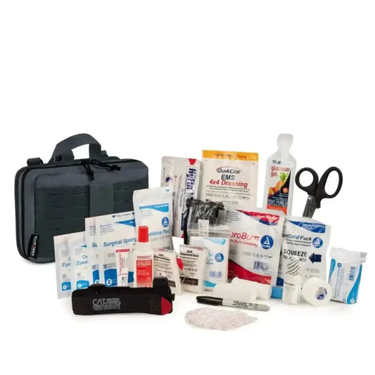 Scherber Vehicle IFAK Emergency Trauma Kit with various medical supplies in a black case