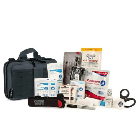 Scherber Vehicle IFAK Emergency Trauma Kit with medical supplies in a black carrying case