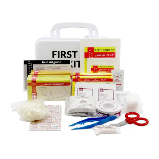 First aid kit with supplies in plastic case for first responders and firefighters