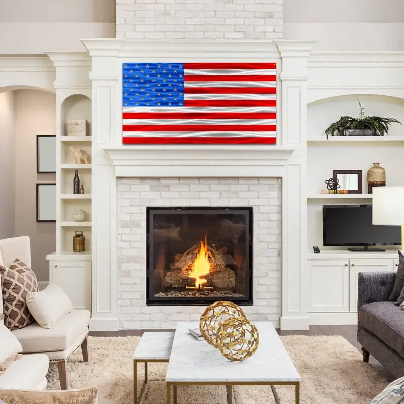 Firefighter American Flag artwork above fireplace in red silver blue with gold line-dispatch