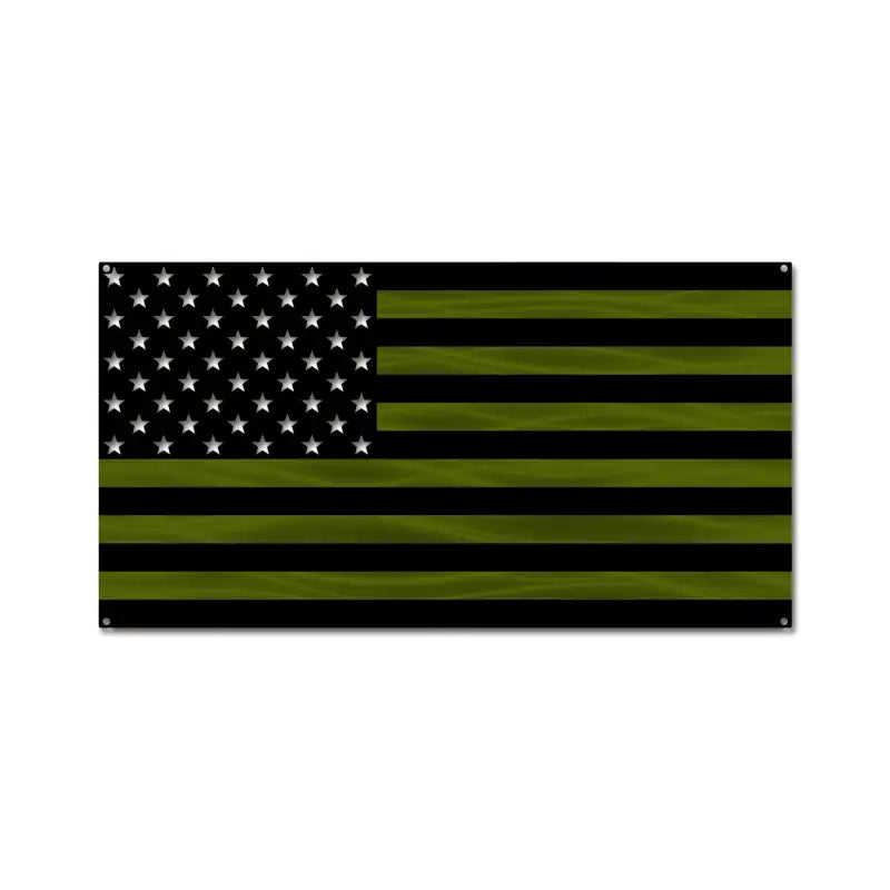 Firefighter American Flag in black and olive green, honoring military line and dispatch