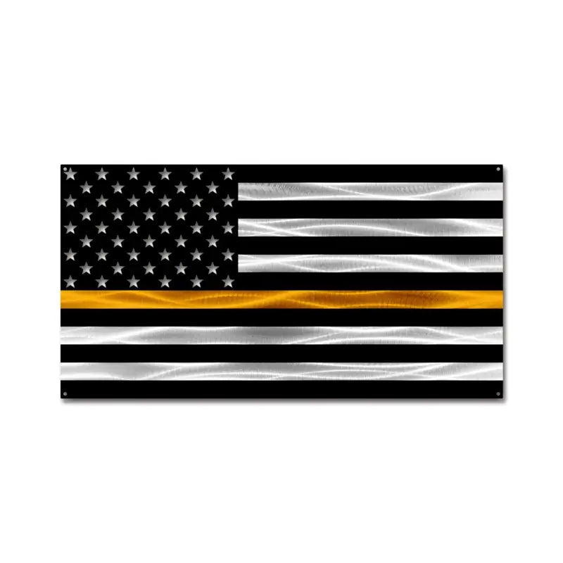 Firefighter American Flag featuring black and white stripes with a gold line dispatch