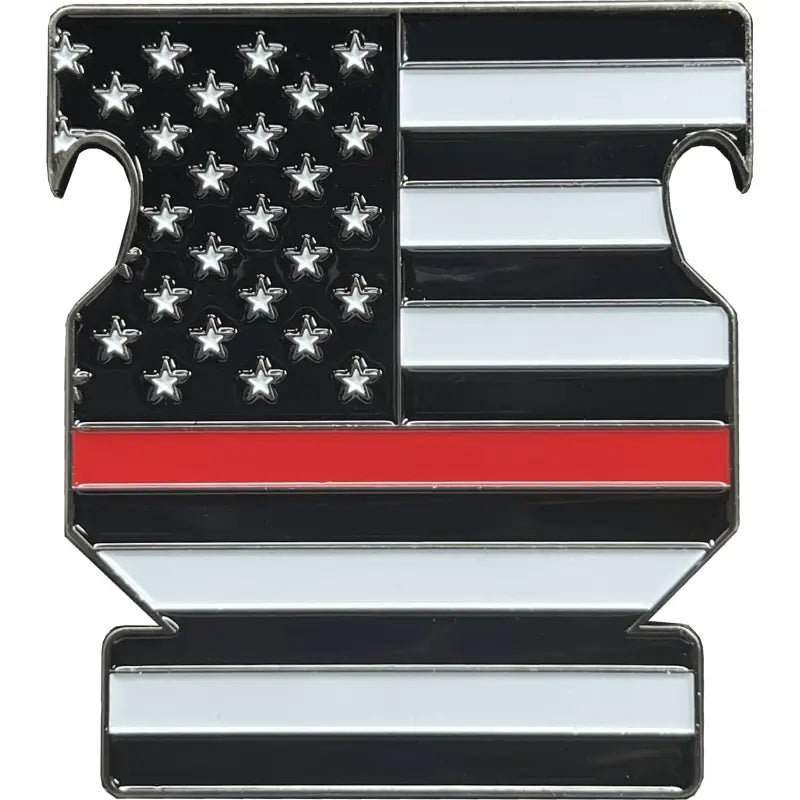 American flag emblem with thin red line in shield for challenge coin bottle opener