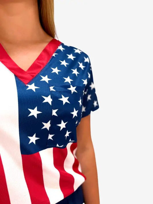 American flag patterned V-neck patriotic scrub top for first responders and firefighters