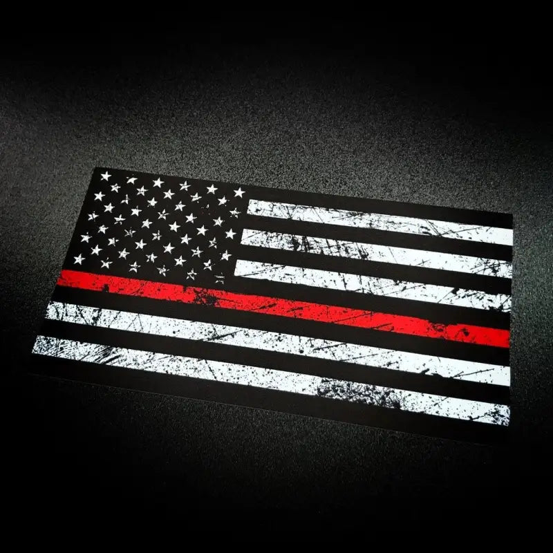 American Flag Red Line Decal in distressed black and white honoring brave firefighters