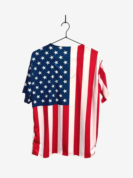 Patriotic scrub top featuring American flag design on a hanger for first responders