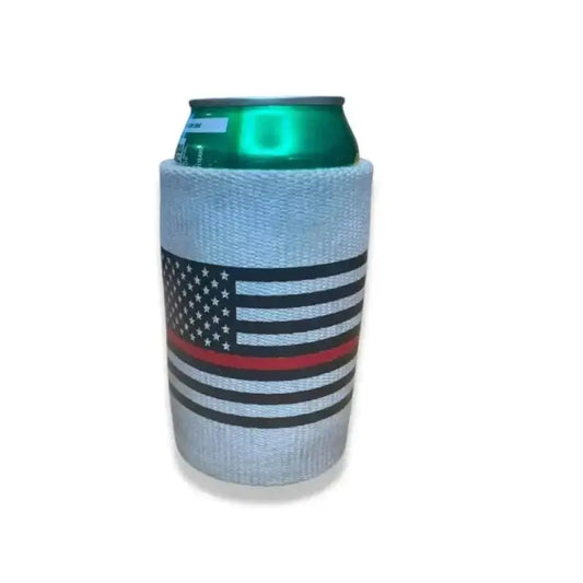 American flag Thin Red Line Hose Cozie holding a beverage can, perfect firefighter gift