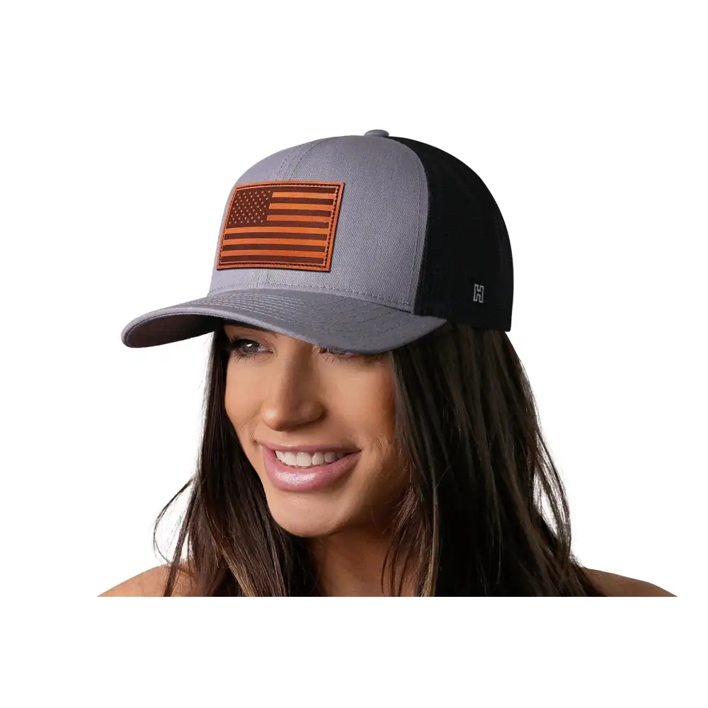 Chief Miller Trucker Hat American Flag Trucker Hat Leather  |  Gray Black USA Snapback Apparel