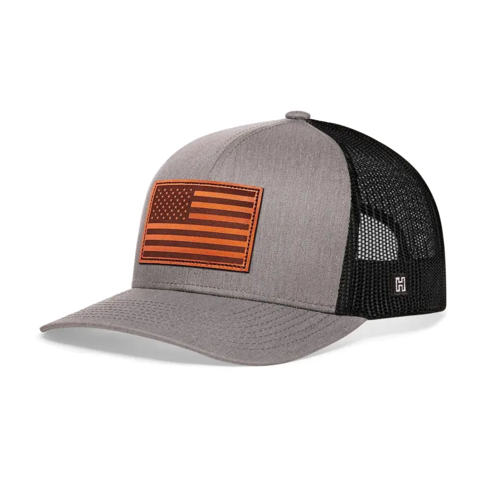 Chief Miller Trucker Hat American Flag Trucker Hat Leather  |  Gray Black USA Snapback Apparel