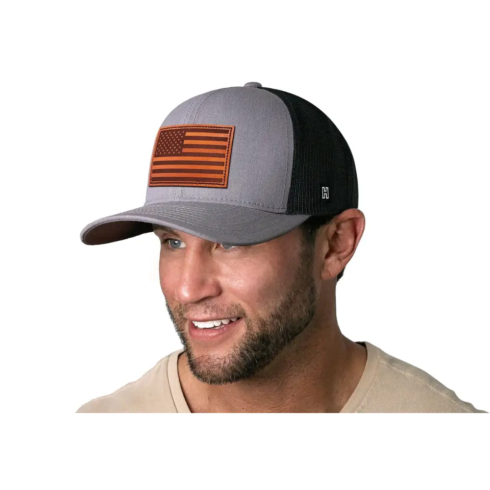 Chief Miller Trucker Hat American Flag Trucker Hat Leather  |  Gray Black USA Snapback Apparel