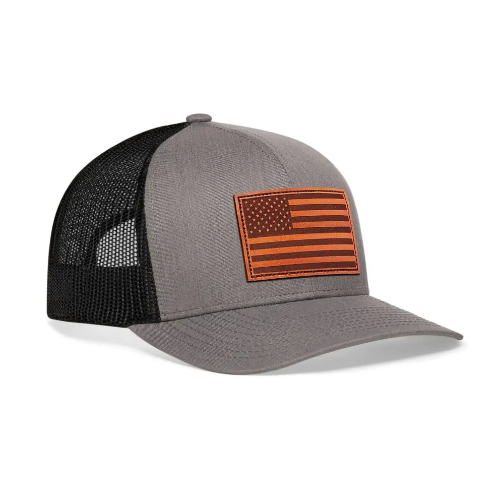 Chief Miller Trucker Hat American Flag Trucker Hat Leather  |  Gray Black USA Snapback Apparel