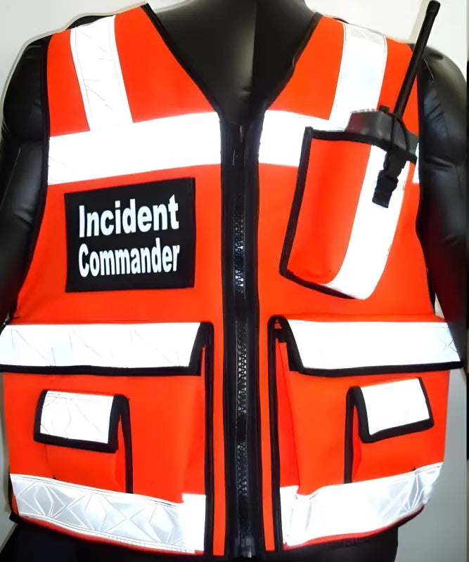 Orange ANSI II Incident Commander Vest with reflective stripes and cord lock for safety