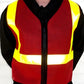 Red safety reflective vest with yellow stripes and black trim for visibility and safety