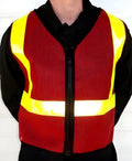 Red safety reflective vest with yellow stripes and black trim for visibility and safety