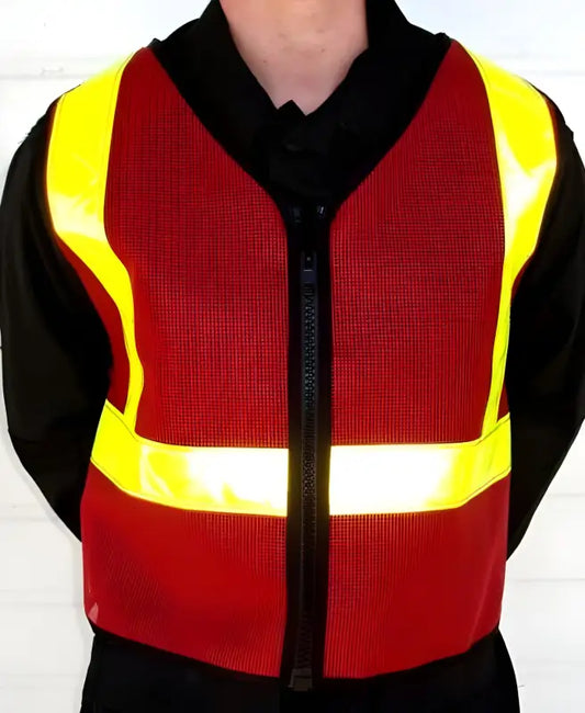 Red safety reflective vest with yellow stripes and black trim for visibility and safety