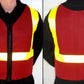 Red safety reflective vest with yellow stripes and black trim for high visibility