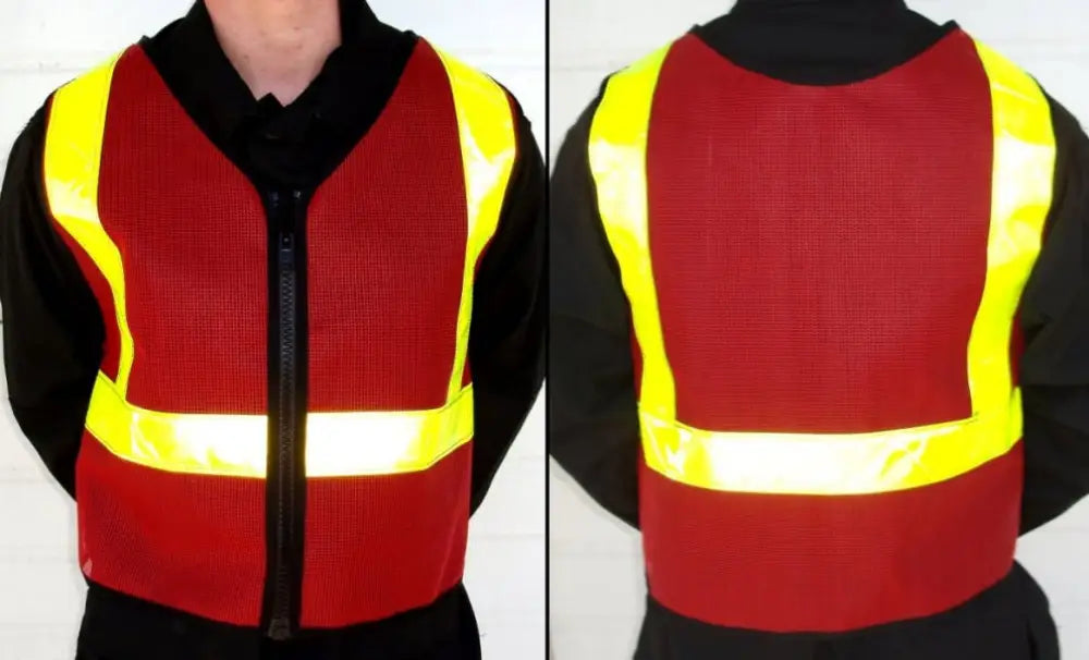 Red safety reflective vest with yellow stripes and black trim for high visibility