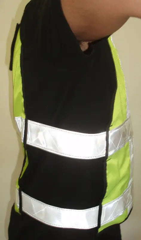 High visibility adjustable vest in fluorescent green with reflective stripes, ANSI Class II compliant