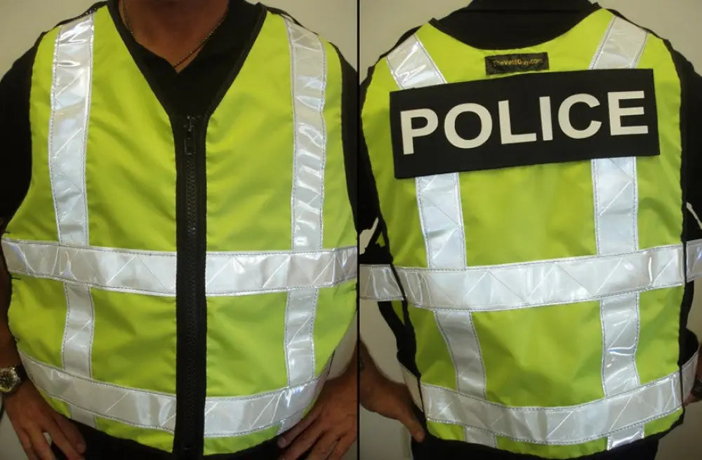 High visibility adjustable vest in fluorescent green with reflective stripes and POLICE text