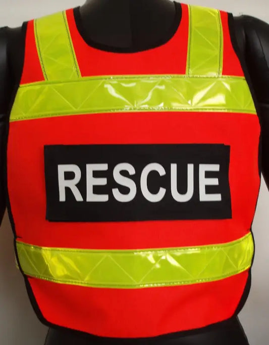 Red and yellow ANSI Class II Pull Over rescue vest with reflective stripes and RESCUE patch