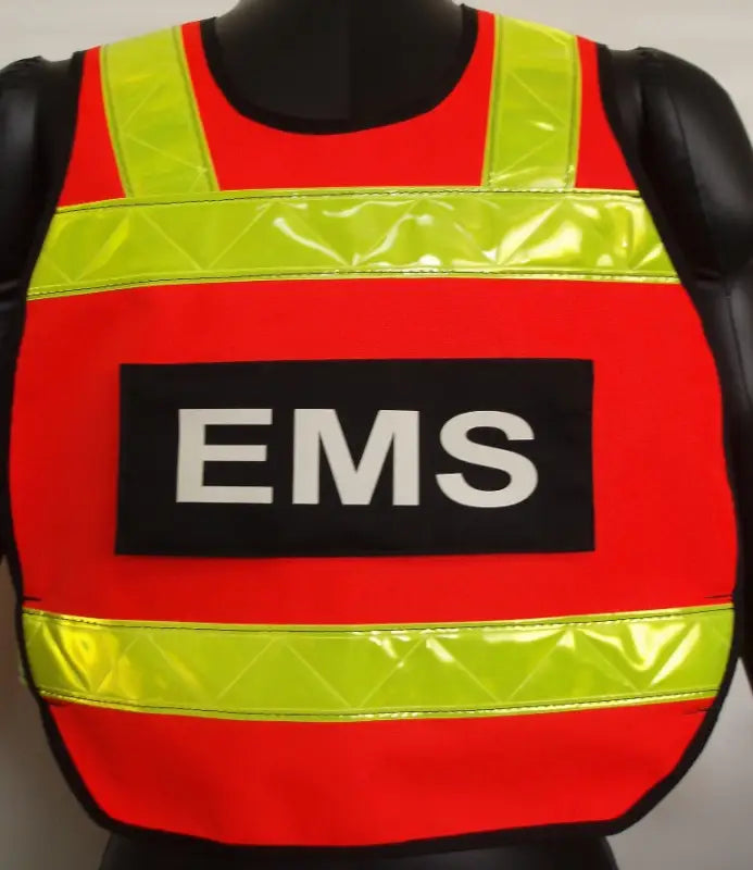 Red and fluorescent yellow safety vest with EMS lettering, ANSI Class II Pull Over