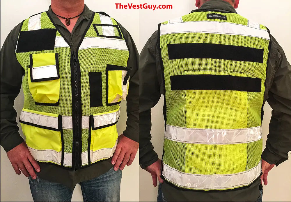 High visibility vest ANSI II Cert in florescent green mesh with pockets and reflective stripes