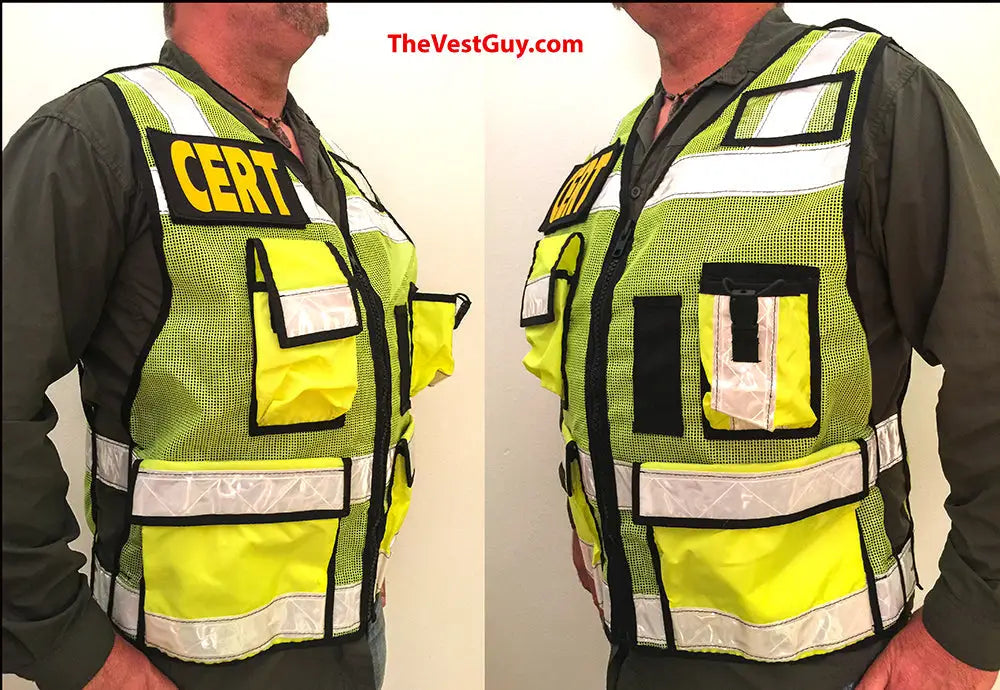 High visibility vest in fluorescent green mesh with CERT lettering and multiple pockets