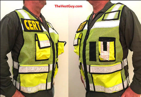 High visibility vest in fluorescent green mesh with CERT lettering and multiple pockets