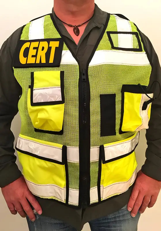 ANSI II CERT High Visibility Vest in fluorescent green mesh with reflective stripes and pockets