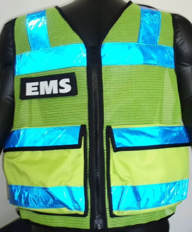 High Vis Reflective Vest featuring reflective blue stripes and black zipper closure