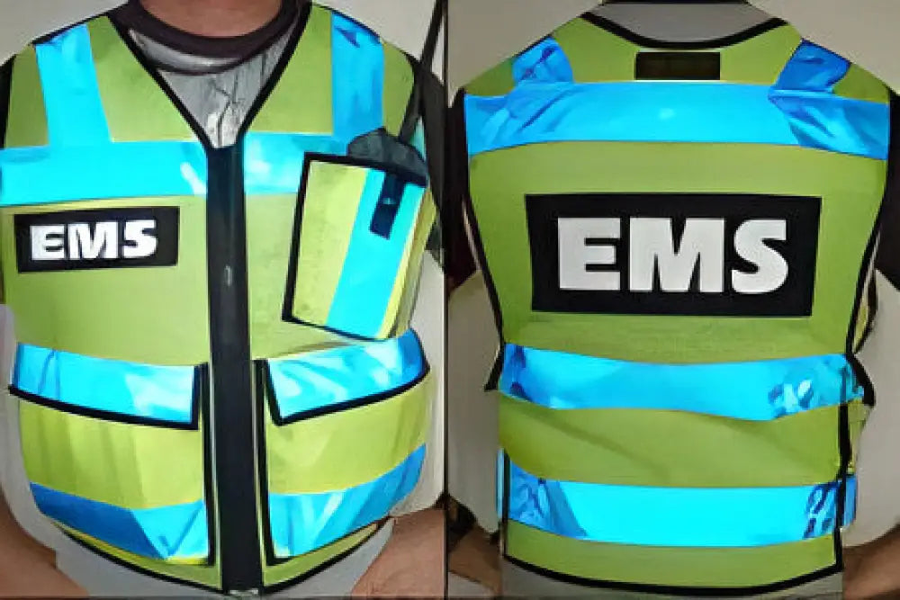 High visibility radio vest with reflective blue stripes and black lettering, ANSI II certified