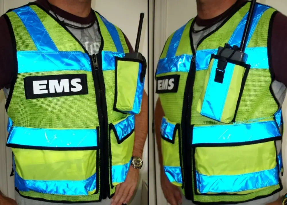 High visibility radio vest featuring reflective stripes and radio pouches for safety