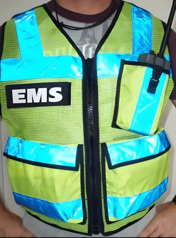 High visibility radio vest with reflective blue stripes and multiple pockets