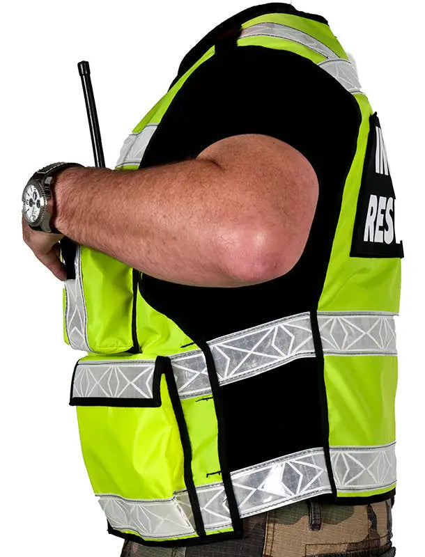 High visibility vest with reflective stripes and radio for ODOT Incident Command use